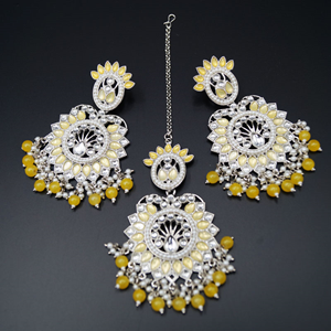 Shima - Yellow /White Kundan Stone Earring Tikka Set - Silver