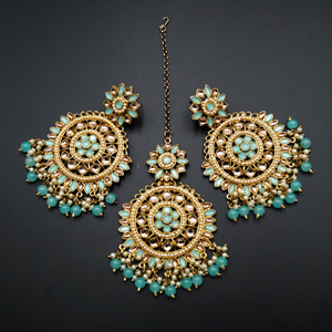 Niko - Gold/ Turquoise Kundan Earring Tikka Set - Antique Gold