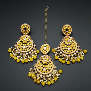 Shammi - Gold/ Yellow Kundan Earring Tikka Set - Antique Gold