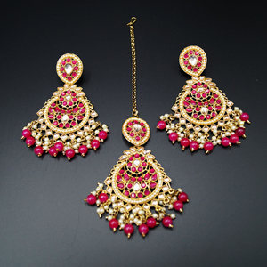 Shammi - Gold/Pink  Kundan Earring Tikka Set - Antique Gold