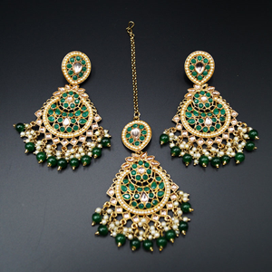 Shammi - Gold/ Green Kundan Earring Tikka Set - Antique Gold