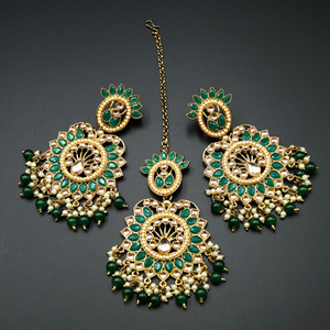 Shima -  Gold/Green Kundan Stone Earring Tikka Set - Antique Gold