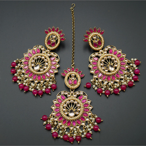 Shima -  Gold/Pink Kundan Stone Earring Tikka Set - Antique Gold