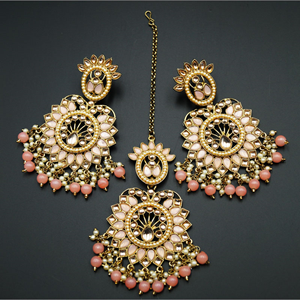 Shima -  Gold/Coral  Kundan Stone Earring Tikka Set - Antique Gold