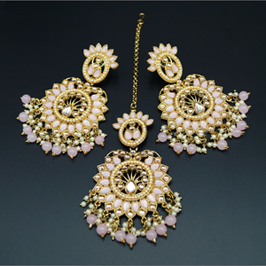 Shima -  Gold/Baby Pink  Kundan Stone Earring Tikka Set - Antique Gold