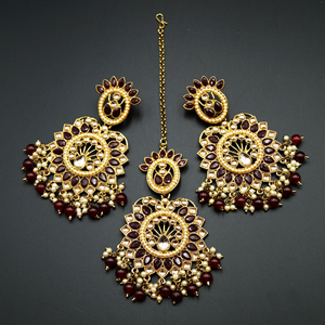 Shima -  Gold/Maroon Kundan Stone Earring Tikka Set - Antique Gold