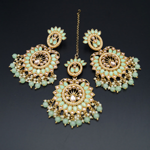 Shima -  Gold/Mint  Kundan Stone Earring Tikka Set - Antique Gold
