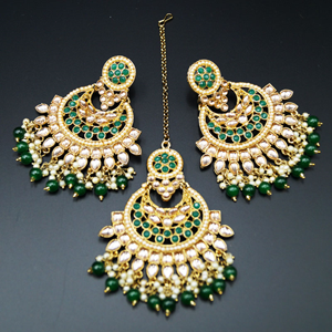 Gitali -Gold/ Green Kundan Earring Tikka Set - Antique Gold