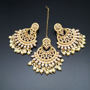 Gitali -Gold/Peach Kundan Earring Tikka Set - Antique Gold