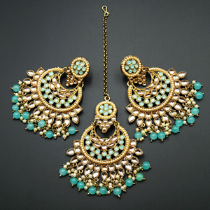 Gitali -Gold/ Turquoise Kundan Earring Tikka Set - Antique Gold