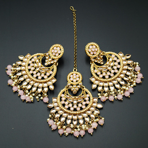 Gitali -Gold/Baby Pink Kundan Earring Tikka Set - Antique Gold