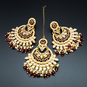 Gitali -Gold/Maroon Kundan Earring Tikka Set - Antique Gold