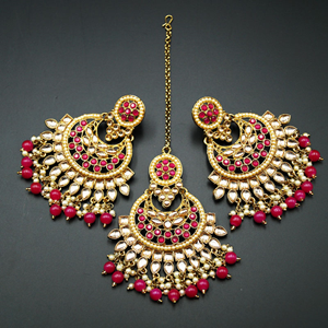 Gitali -Gold/Pink Kundan Earring Tikka Set - Antique Gold