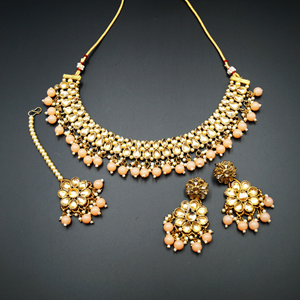 Aapt- Gold Polki & Peach Beads Necklace Set - Antique Gold