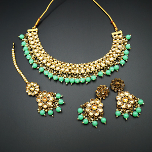 Aapt- Gold Polki & Mint Beads Necklace Set - Antique Gold