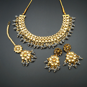Aapt- Gold Polki & Grey Beads Necklace Set - Antique Gold