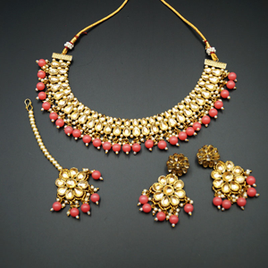 Aapt- Gold Polki & Coral Beads Necklace Set - Antique Gold