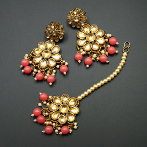 Aapt- Gold Polki & Coral Beads Necklace Set - Antique Gold