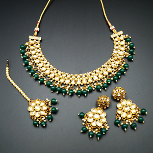 Aapt- Gold Polki & Green Beads Necklace Set - Antique Gold