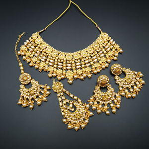 Badame- Gold Polki Stone/ Pearl Necklace Set - Gold