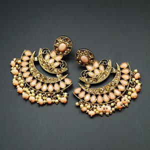 Ganak- Peach & Gold  Diamante Stone Earrings - Antique Gold