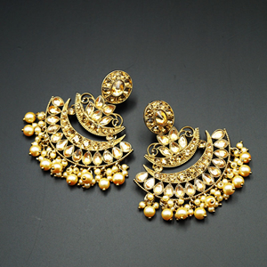 Ganak- Gold  Diamante Stone Earrings - Antique Gold