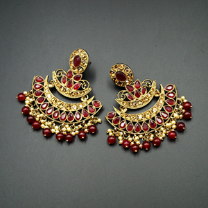 Ganak- Maroon & Gold  Diamante Stone Earrings - Antique Gold