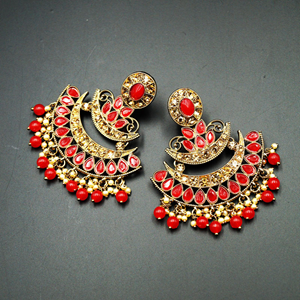 Ganak- Red & Gold  Diamante Stone Earrings - Antique Gold