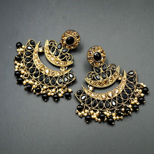 Ganak- Black & Gold  Diamante Stone Earrings - Antique Gold