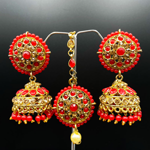 Aani Red Jhumka Earring Tikka Set - Gold