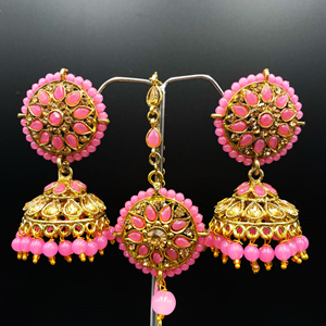 Tapi Baby Pink Jhumka Earring Tikka Set - Gold