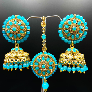 Tapi Turquoise Jhumka Earring Tikka Set - Gold