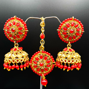 Tapi Red Jhumka Earring Tikka Set - Gold