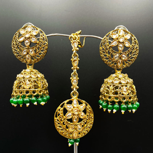 Gitu Green Jhumka Earring Tikka Set - Antique Gold