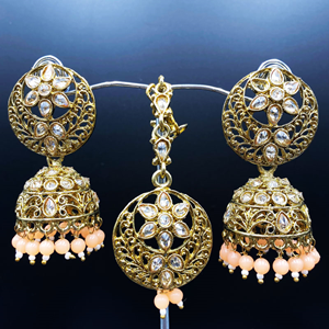 Gitu Peach Jhumka Earring Tikka Set - Antique Gold