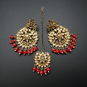 Naju Coral Earring Tikka Set - Antique Gold