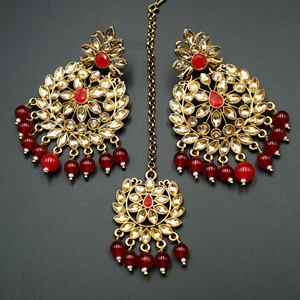 Naju Red Earring Tikka Set - Antique Gold