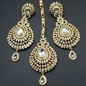 Tian White Diamante Earring Tikka Set - Gold