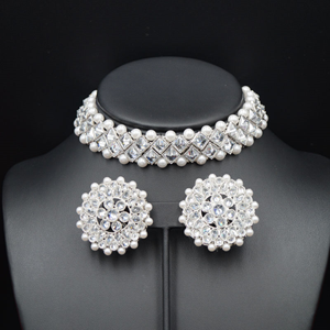 Fiya White Polki Stone Choker Necklace Set - Silver