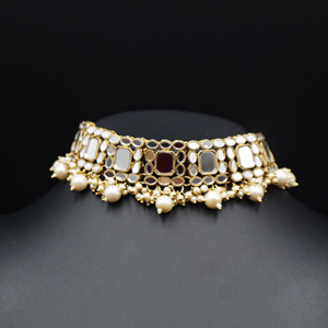 Tia White Mirror/White Pearl Choker Necklace Set - Antique Gold