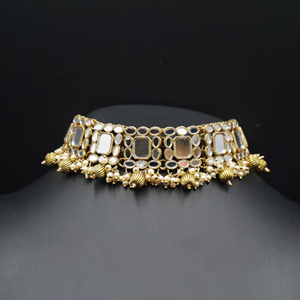 Tia White Mirror/Gold Beads Choker Necklace Set - Antique Gold