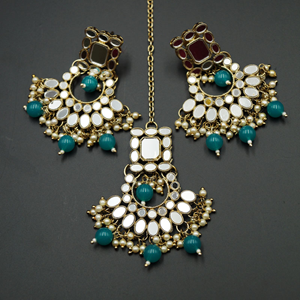 Tia White Mirror/Jade Beads Choker Necklace Set - Antique Gold
