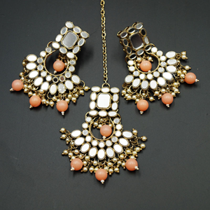 Tia White Mirror/Peach Beads Choker Necklace Set - Antique Gold