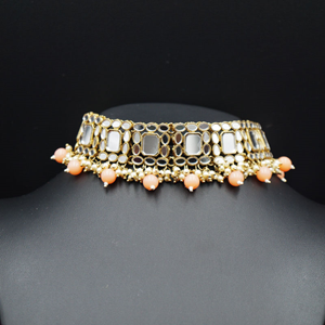 Tia White Mirror/Peach Beads Choker Necklace Set - Antique Gold