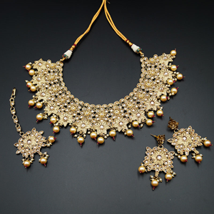  Dama Gold Polki Stone  Necklace Set - Antique Gold