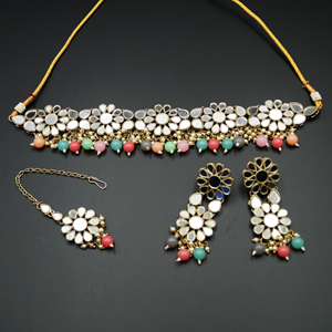 Raji White Mirror/Multi Beads Choker Necklace Set - Antique Gold