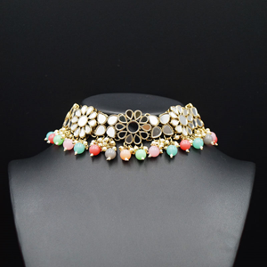 Raji White Mirror/Multi Beads Choker Necklace Set - Antique Gold