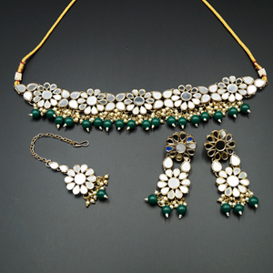 Raji White Mirror/Green Beads Choker Necklace Set - Antique Gold