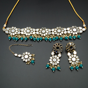 Raji White Mirror/Jade Beads Choker Necklace Set - Antique Gold