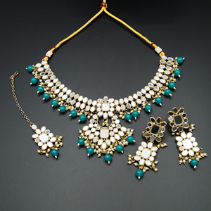 Maai White Mirror/Jade Beads Necklace Set - Antique Gold